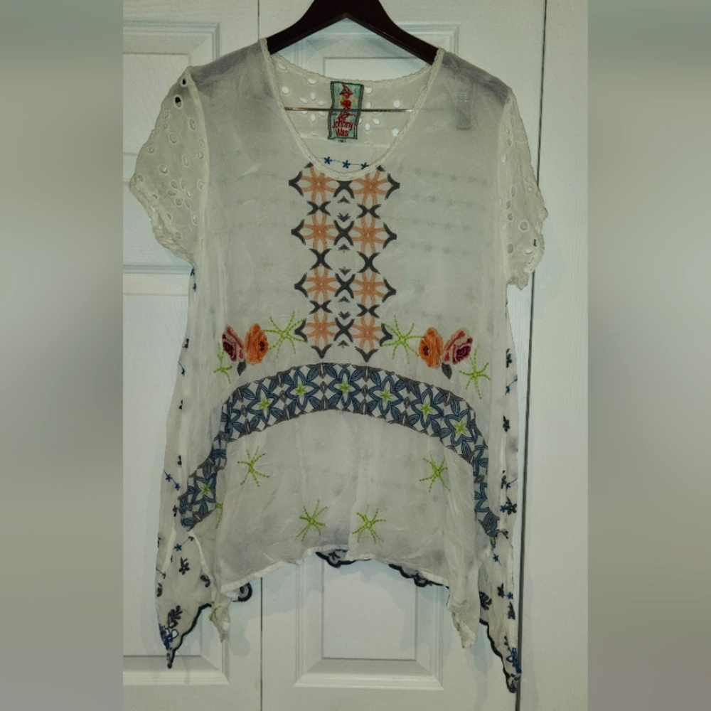 🌼Beautiful Johnny Was M (Oversized) Embroidered Eyelet Tunic Top EUC